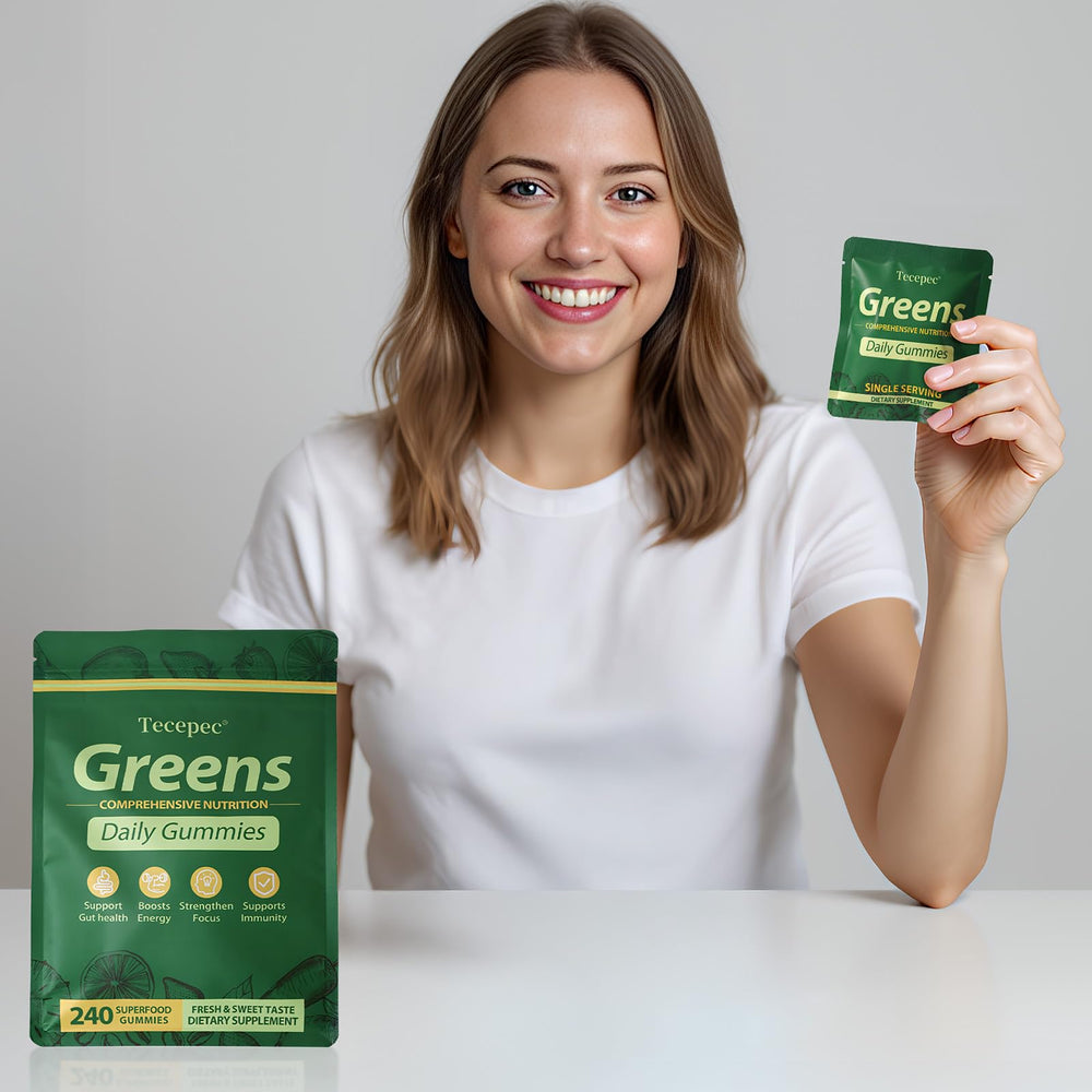 Tecepec Greens Daily Gummies label notes gluten-free and non-GMO.