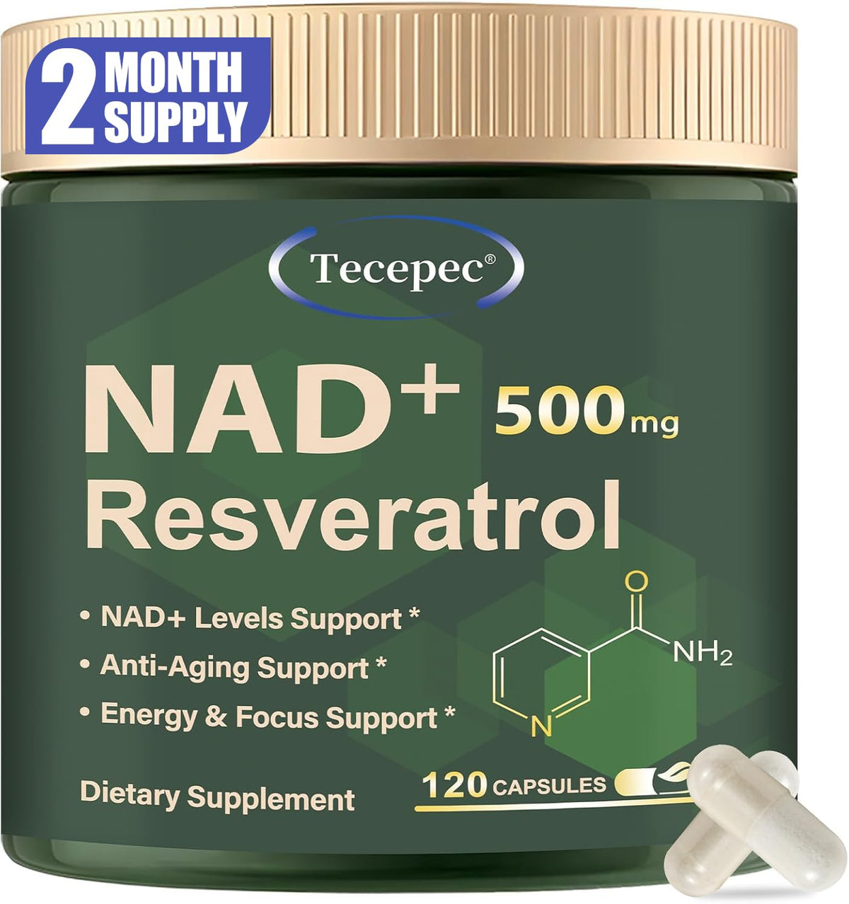 Tecepec NAD+ Plus bottle front view for daily energy support
