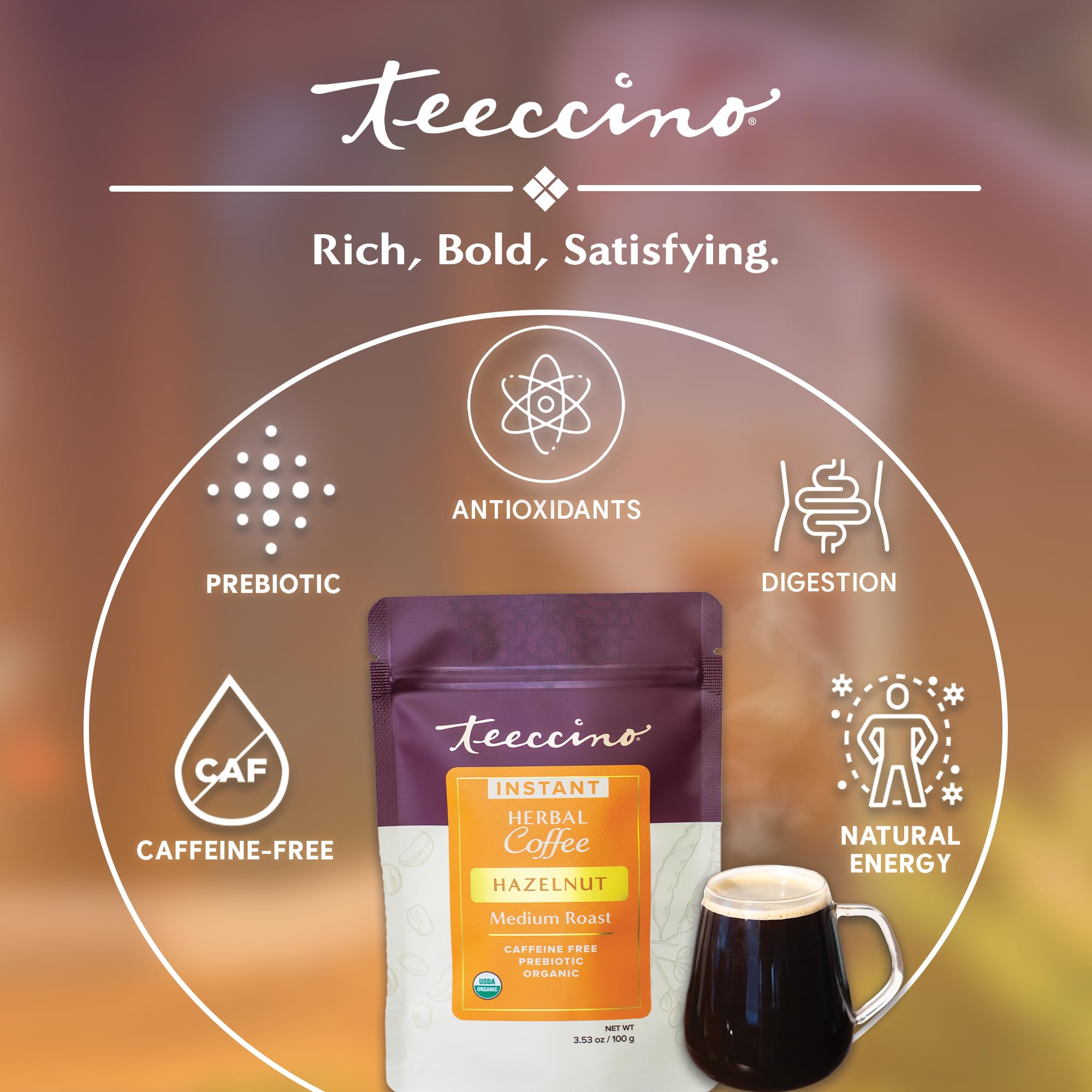 Teeccino Avellana: capuchino espumoso sin cafeína para cualquier hora.