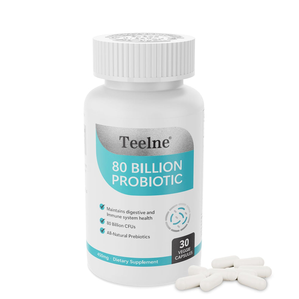 Teelne Probiotics bottle with capsules for daily gut support.