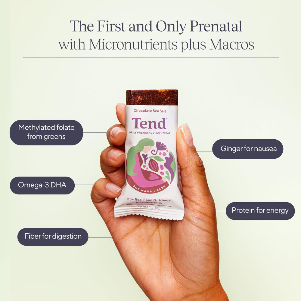 Tend prenatal bar closeup reveals smooth texture and inviting chocolate sea salt finish.