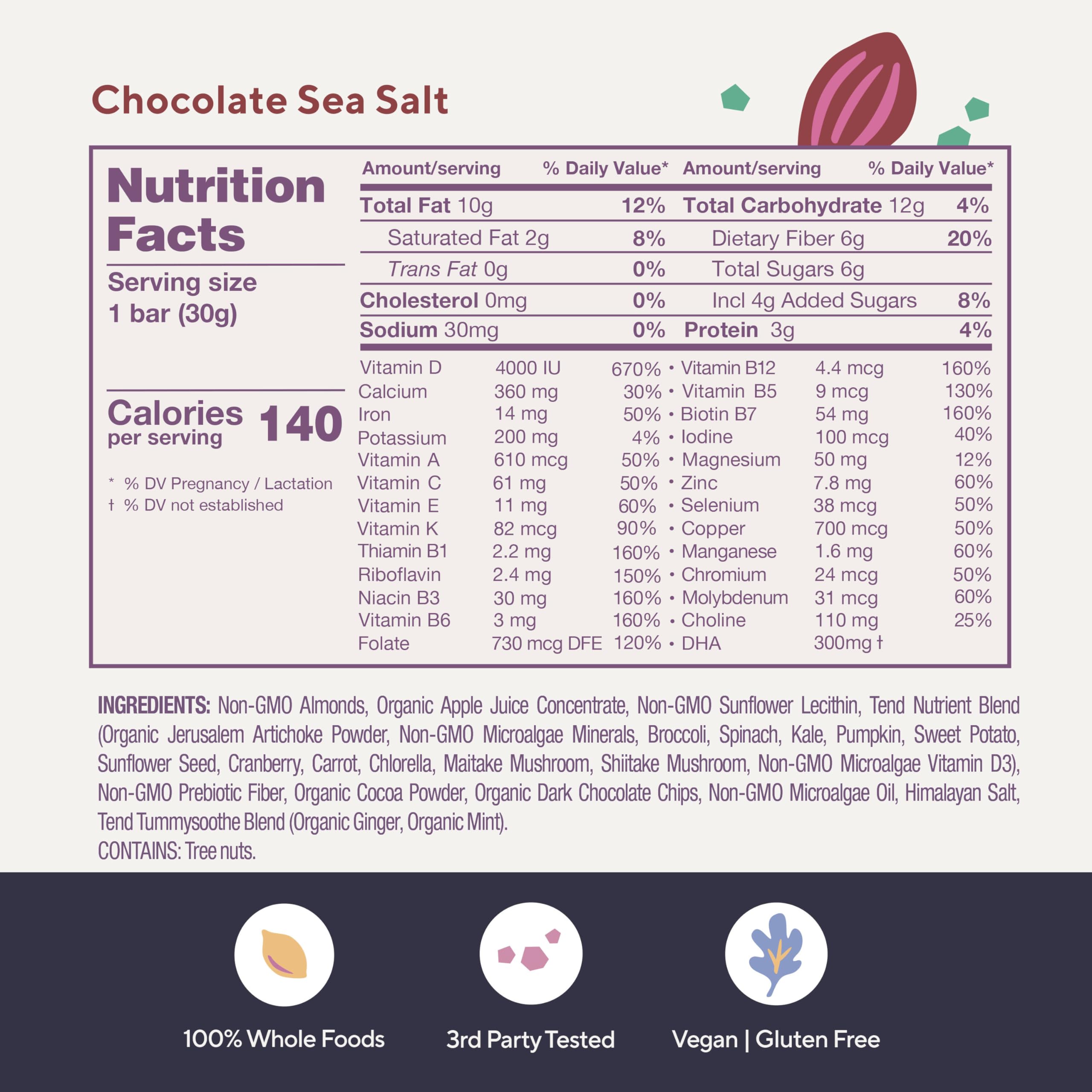 Tend prenatal bar nutrition facts showcase vegan, non-GMO, and kosher certifications.