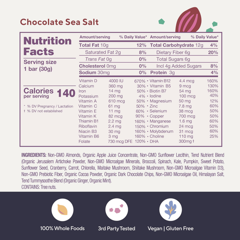 Tend prenatal bar nutrition facts showcase vegan, non-GMO, and kosher certifications.
