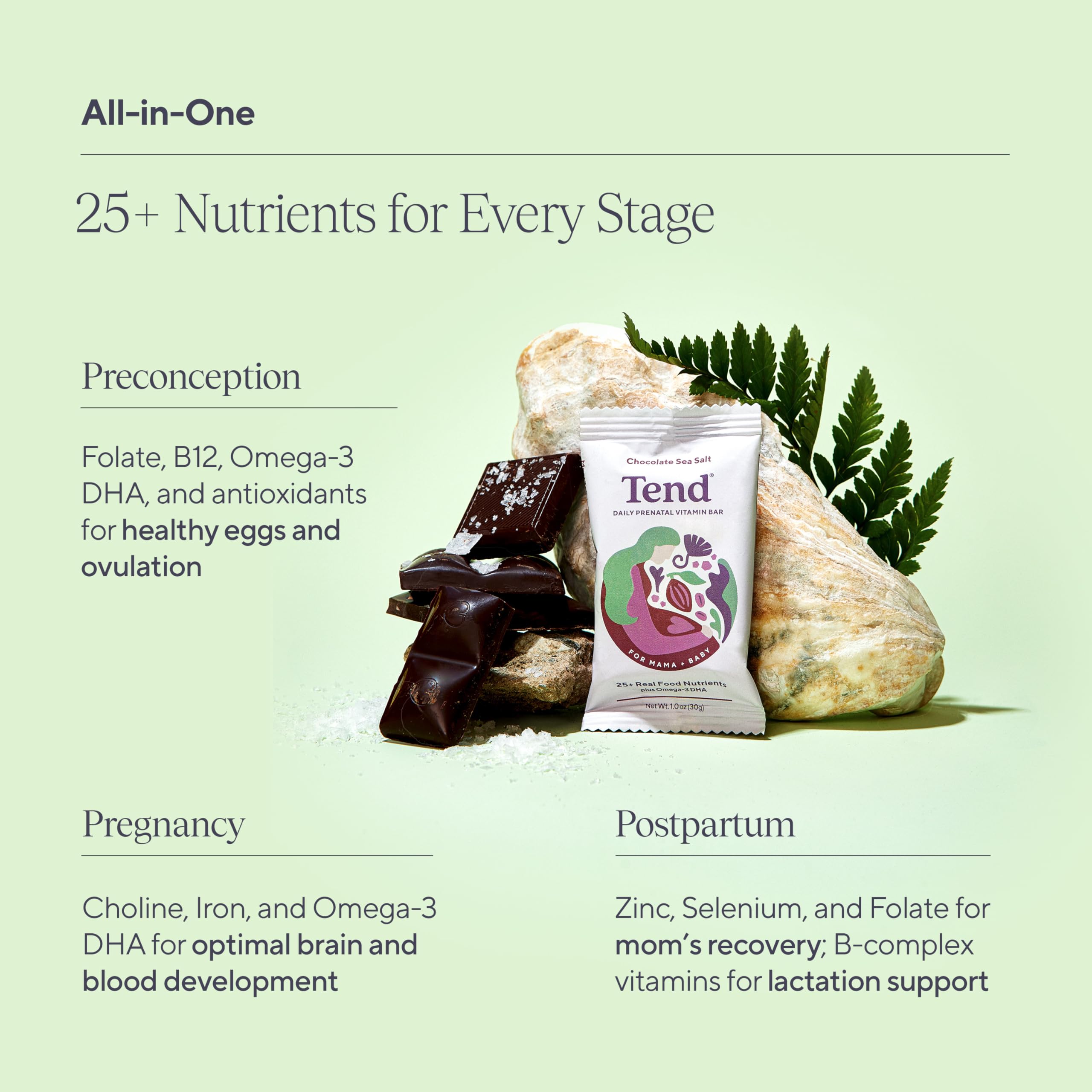 Tend daily prenatal bar serving image suggests easy daily snack for motherhood journey.