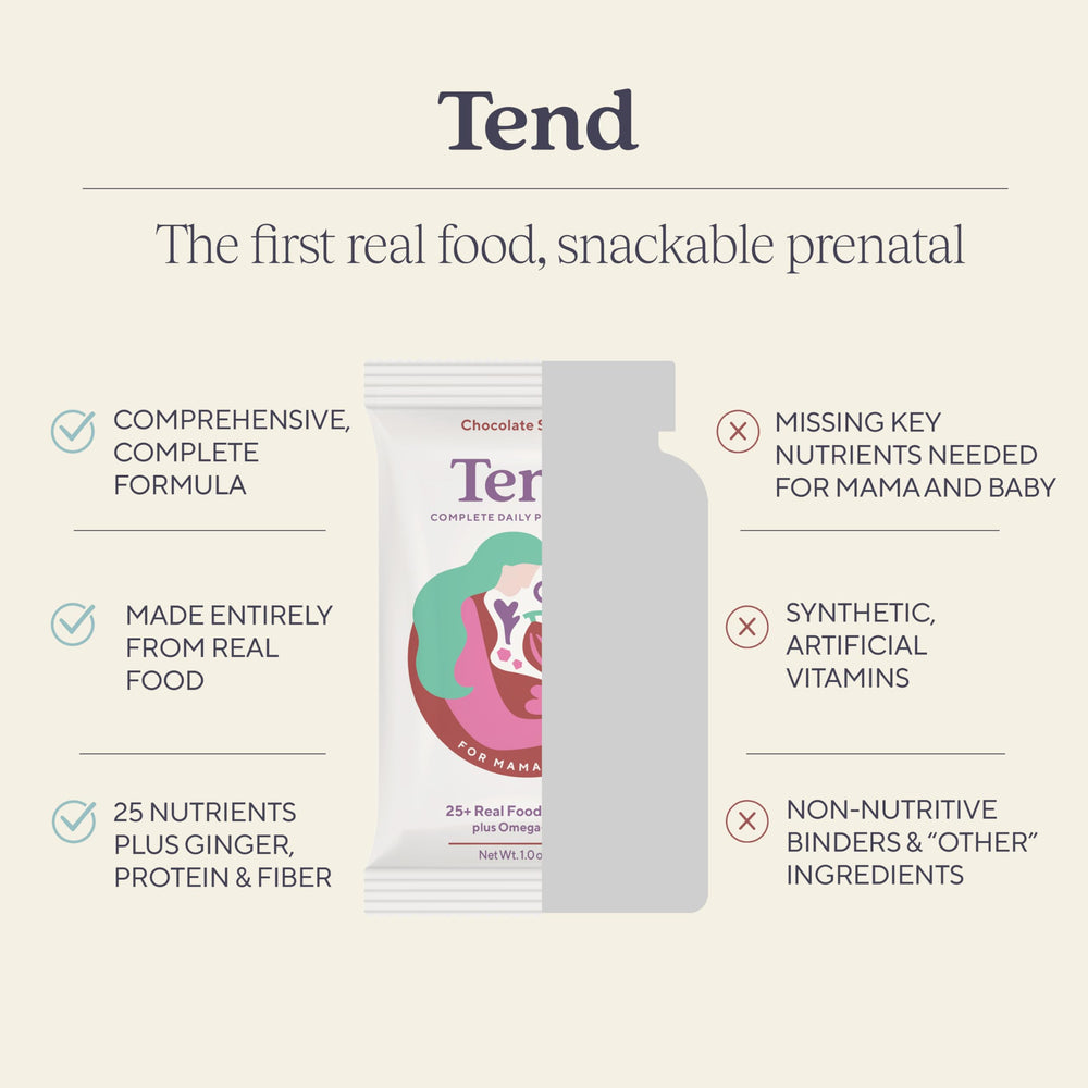 Tend prenatal bar texture shot emphasizes chewy bite and real food appeal.