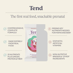 Tend prenatal bar texture shot emphasizes chewy bite and real food appeal.