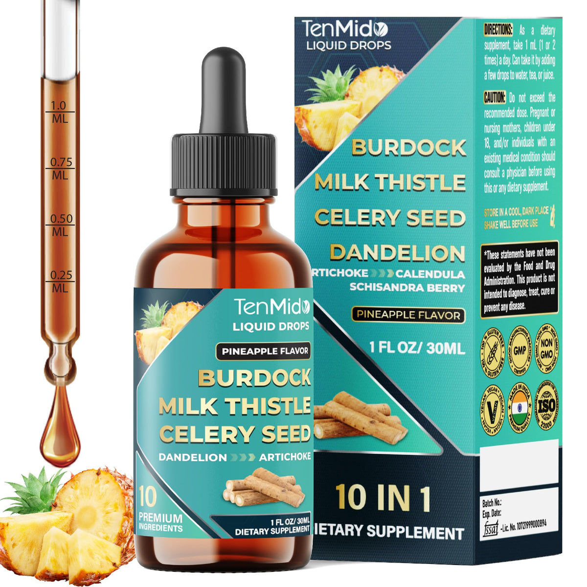 Tenmido burdock root tincture bottle showing 10-in-1 formula for daily wellness
