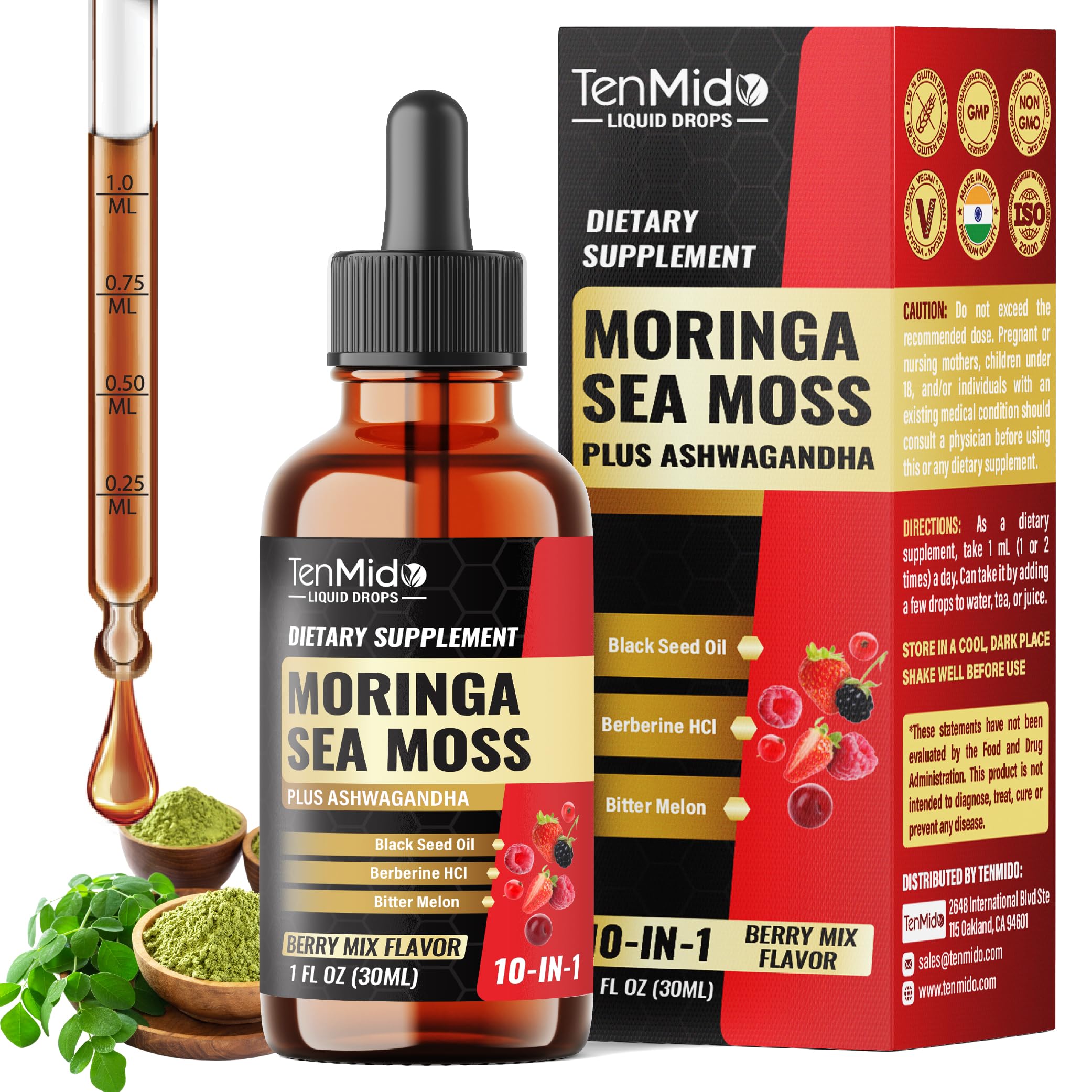 Tenmido 10in1 Moringa Drops bottle showing the herbal blend for daily wellness