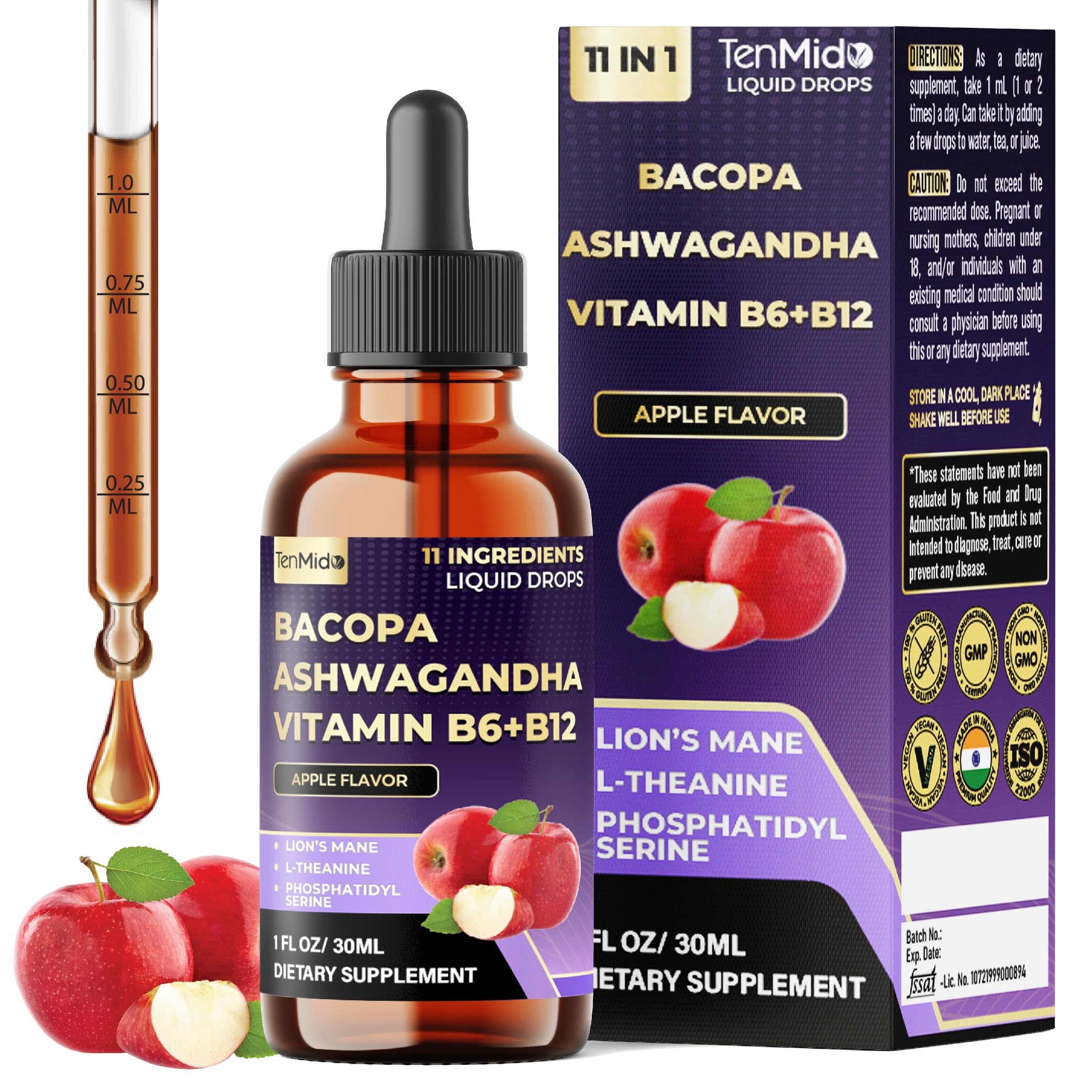 Tenmido 11-in-1 Bacopa Drops bottle with label highlighting cognitive support