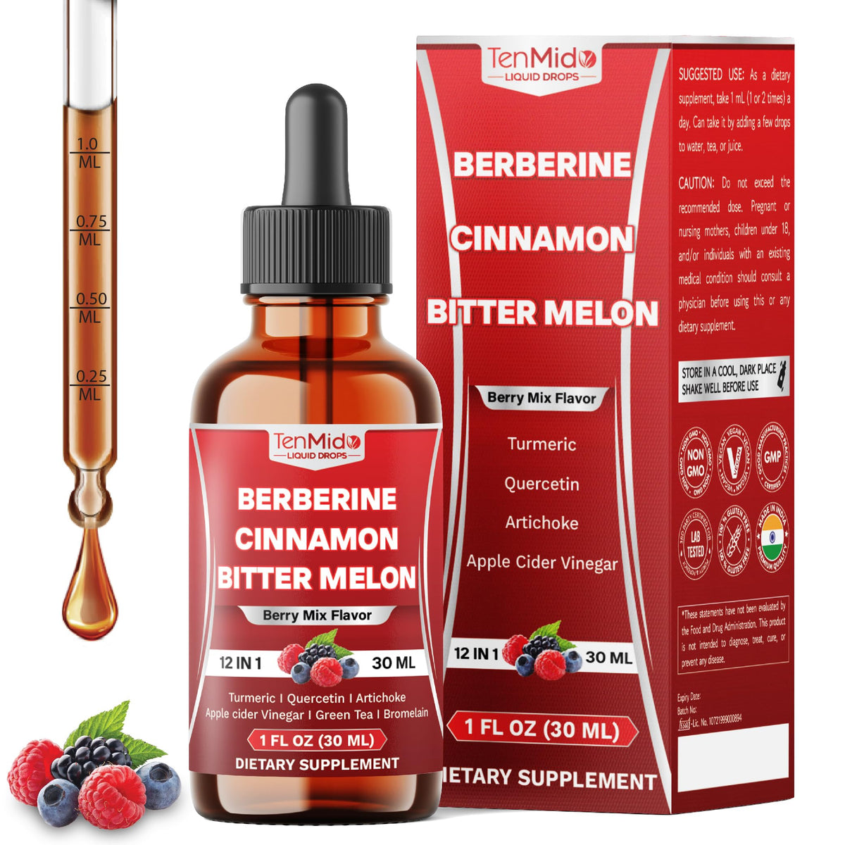 Tenmido 12in1 Berberine bottle pour highlighting easy daily dosing.