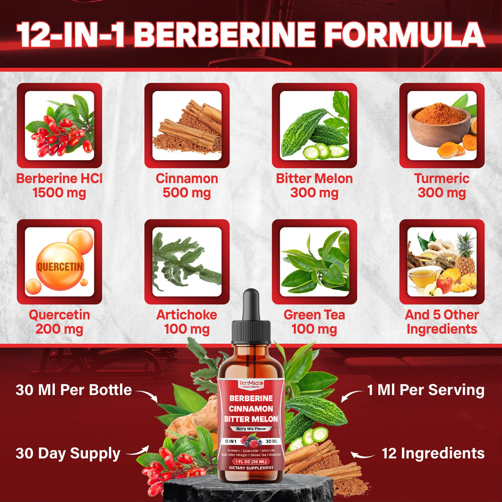 Tenmido 12in1 Berberine ingredients chart highlights herbal blend.