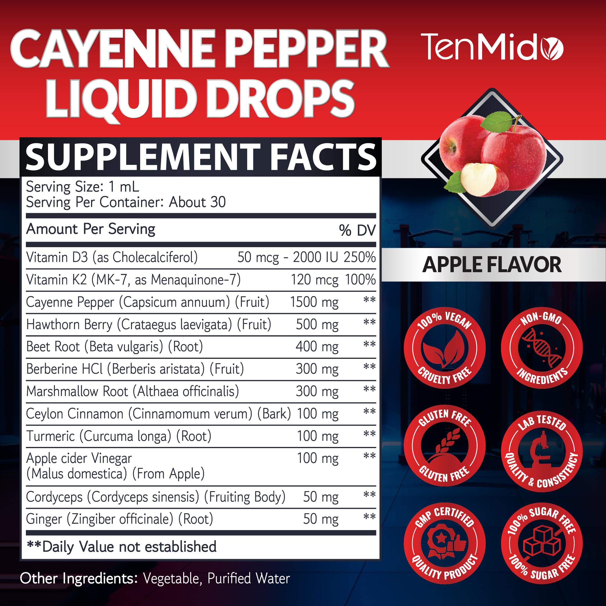 Close-up of Tenmido Cayenne Pepper Drops dropper for precise 1 ml servings.