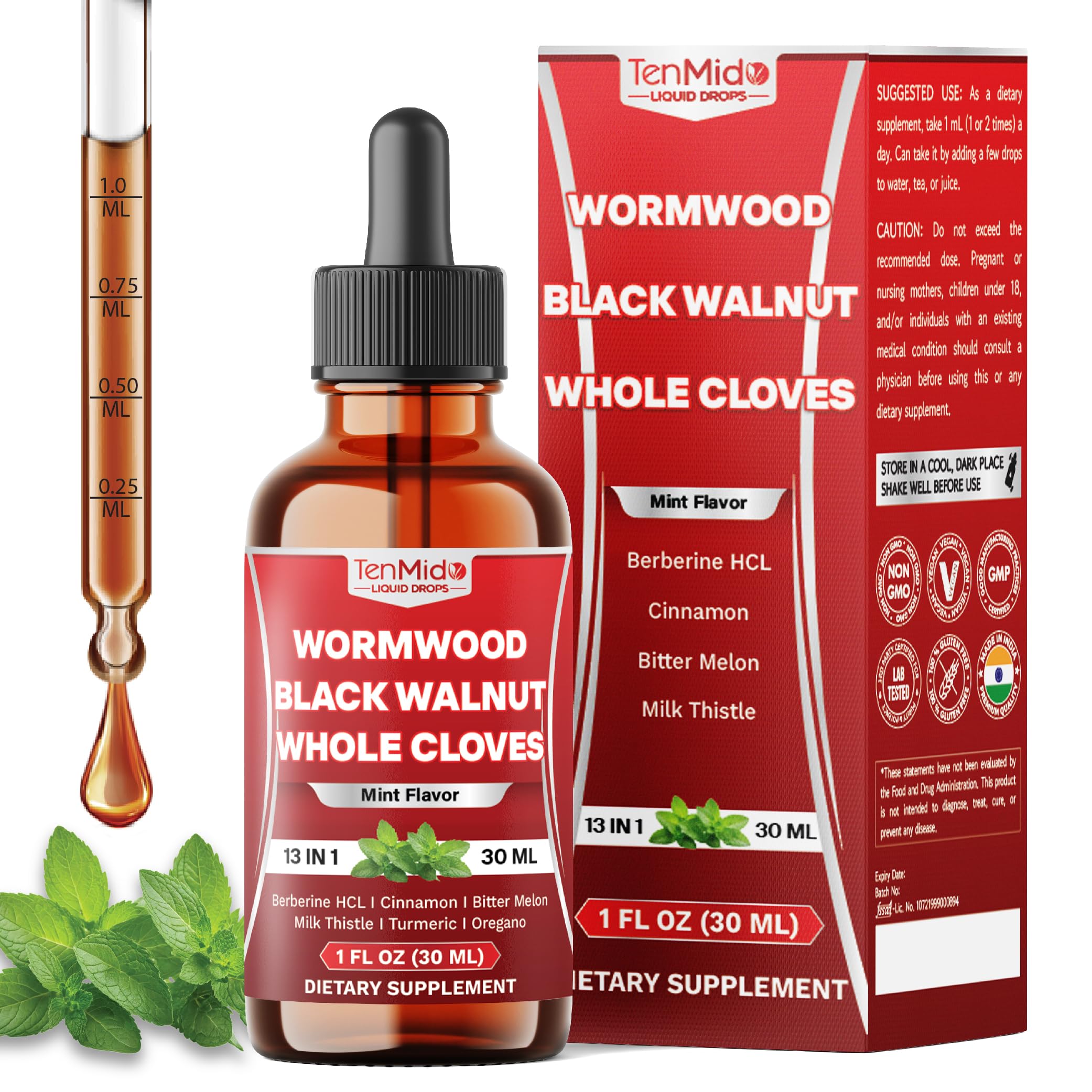 Tenmido 13in1 Wormwood Tincture bottle displaying herbal blend for daily wellness.