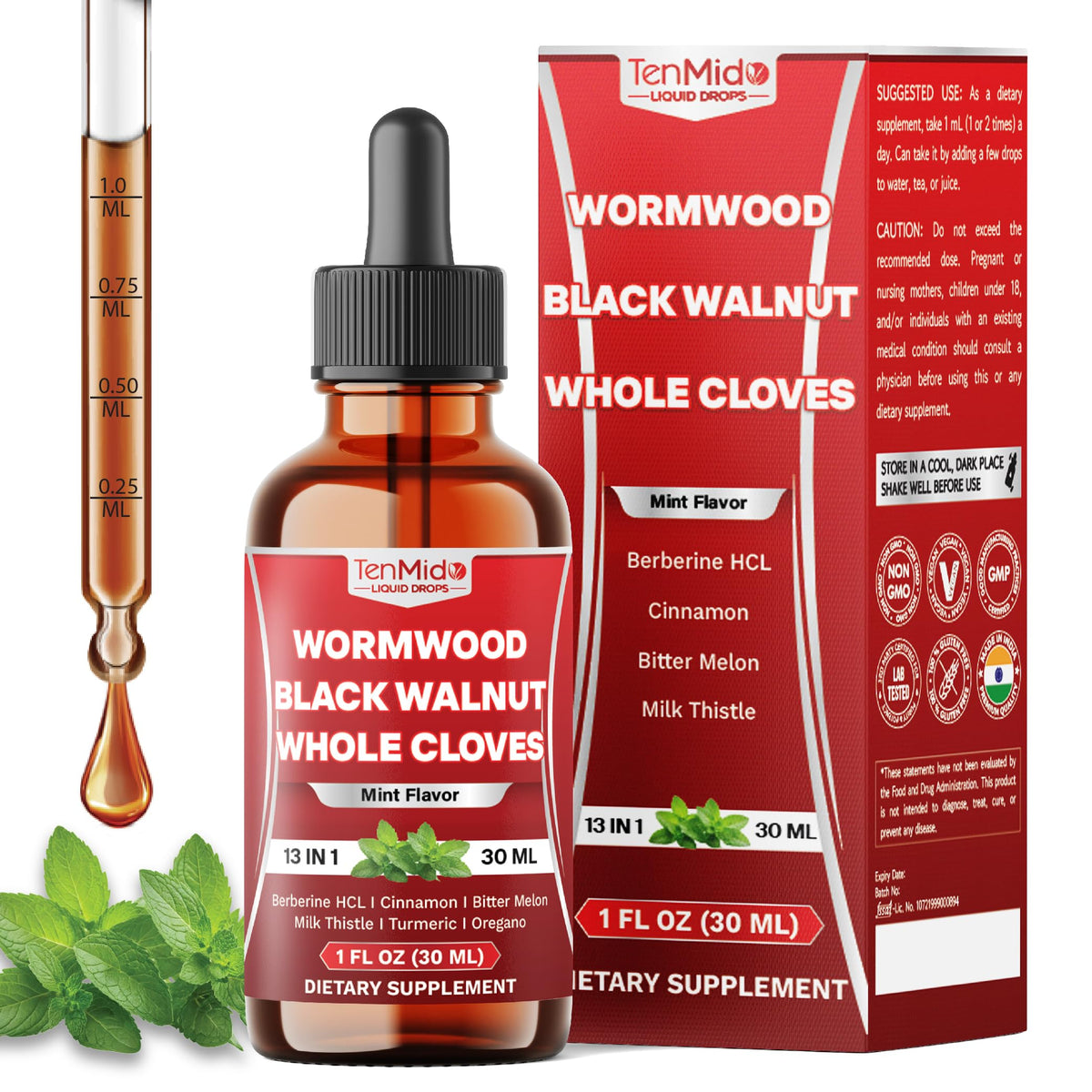 Tenmido 13in1 Wormwood Tincture bottle displaying herbal blend for daily wellness.
