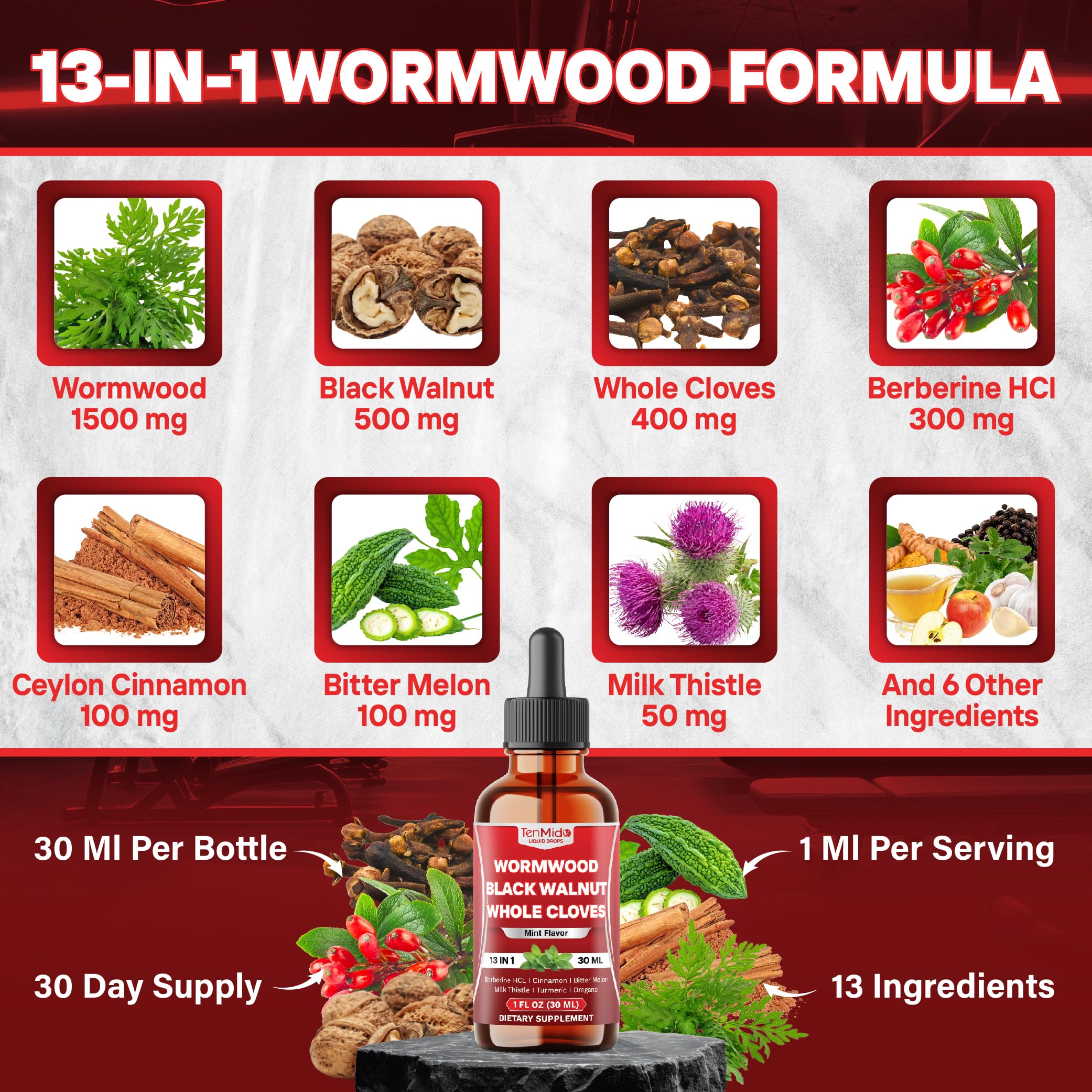 Flatlay ingredients showing wormwood, cloves, cinnamon as key botanicals.