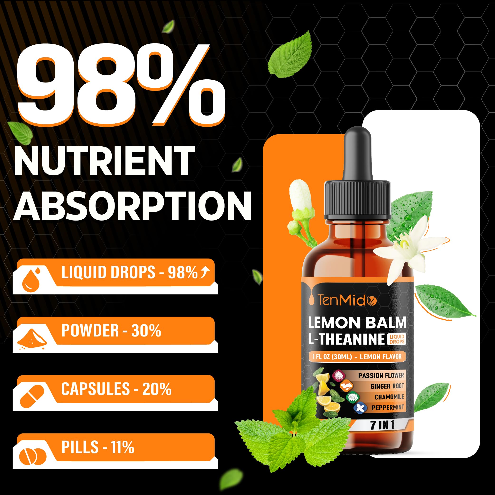 Tenmido lemon balm tincture with ginger and peppermint.