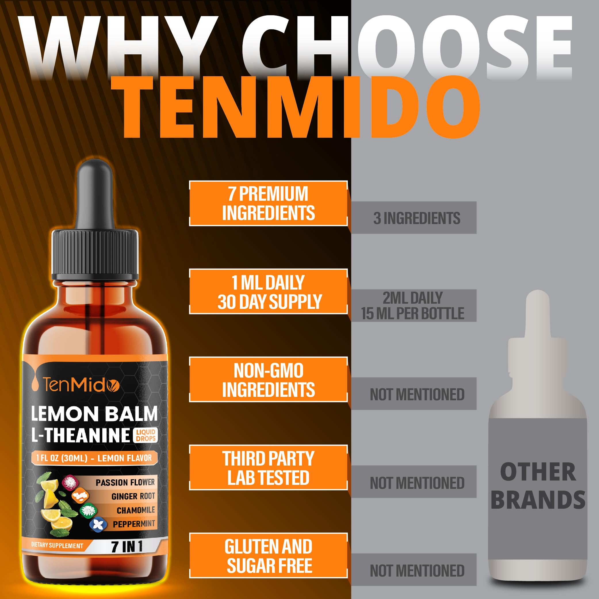 Tenmido tincture ingredients: GABA and L-Theanine close-up.