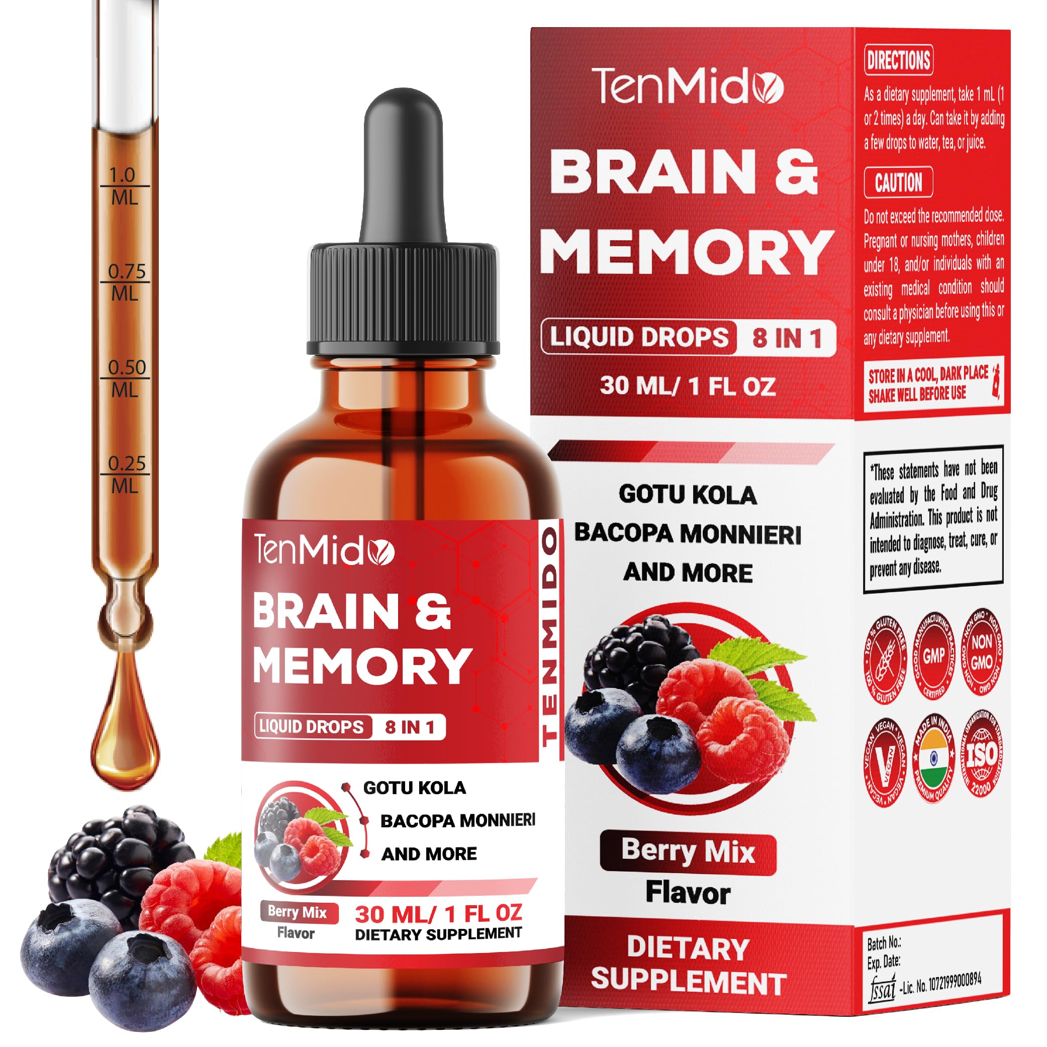 Tenmido 8in1 Brain Health bottle front showing compact design for daily focus support