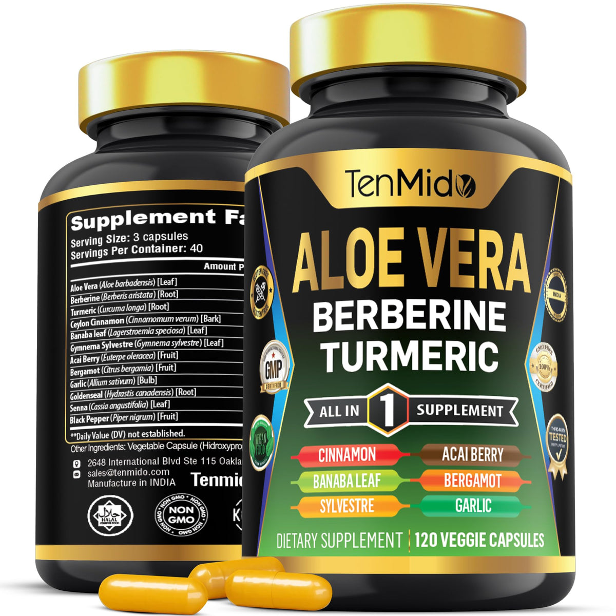 Tenmido Aloe Vera Capsules bottle front for daily wellness support.