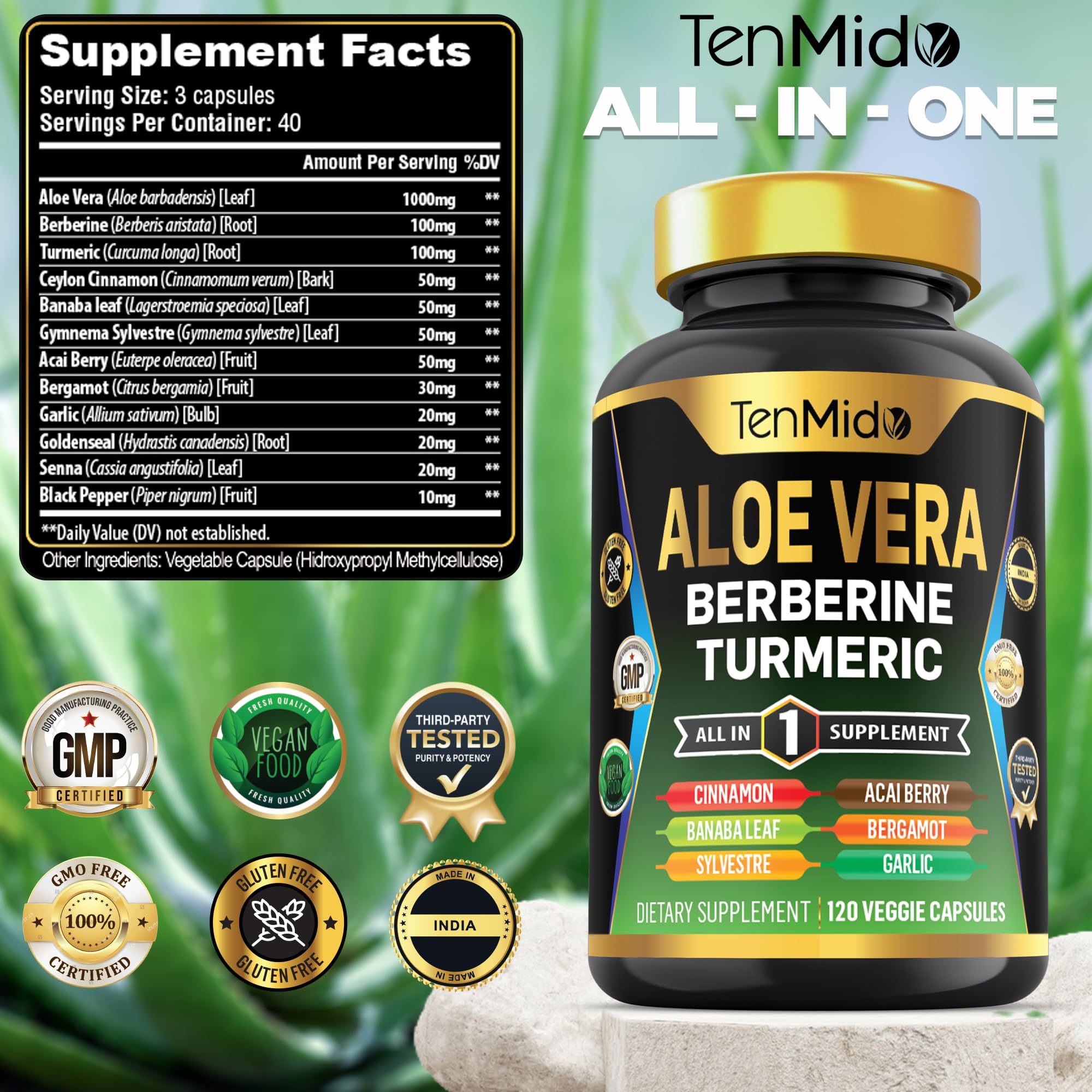 Tenmido Aloe Vera Capsules close-up of capsules highlighting potency.