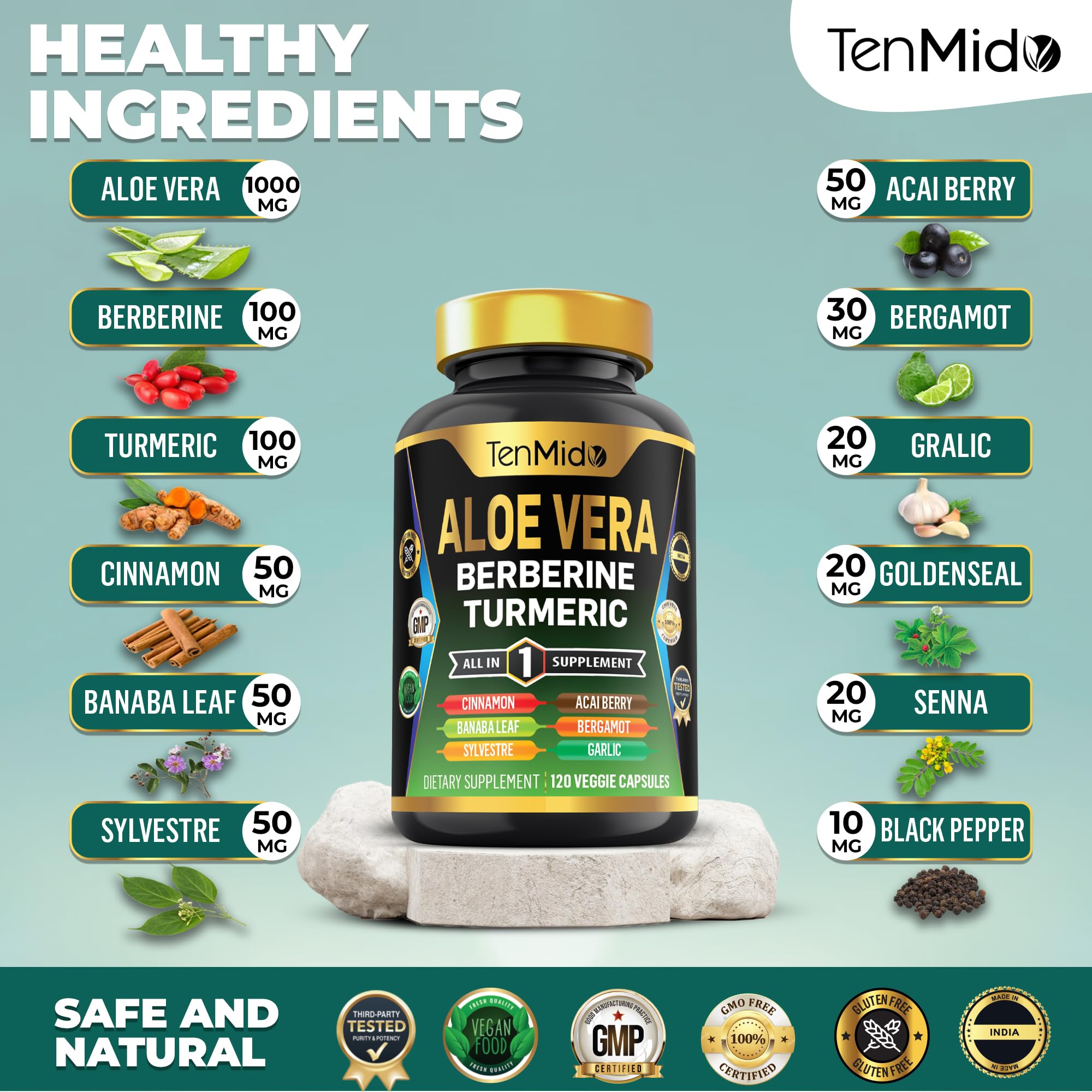 Tenmido Aloe Vera label close-up emphasizing purity and ingredients.