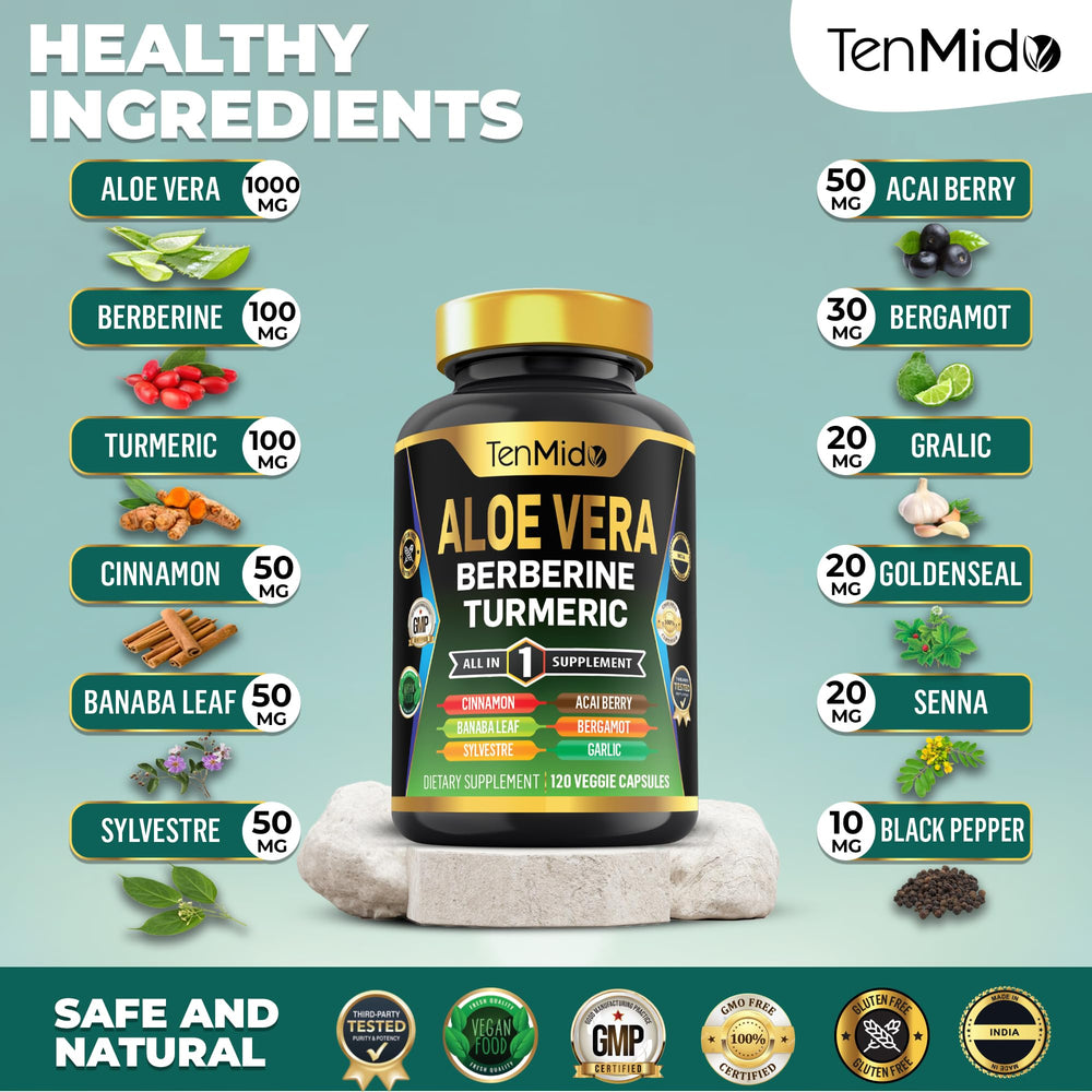 Tenmido Aloe Vera label close-up emphasizing purity and ingredients.