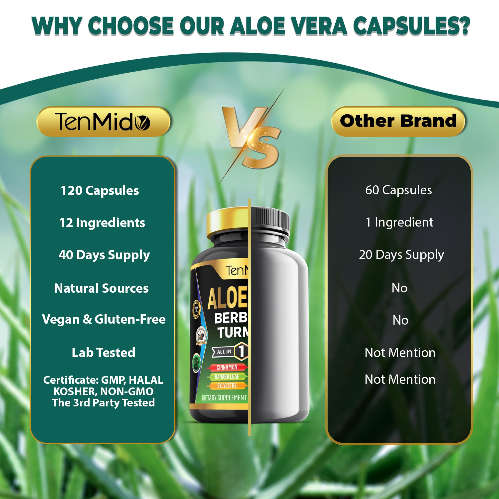 Tenmido Aloe Vera packaging box showing all-in-one supplement concept.