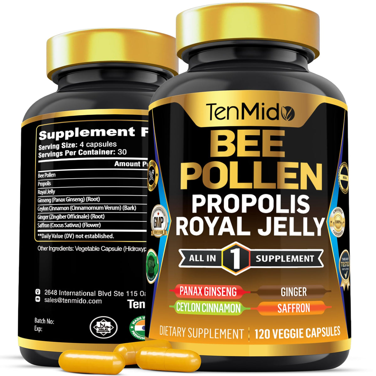 Tenmido Bee Pollen Capsules bottle showing 7-in-1 formula for daily vitality