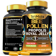 Tenmido Bee Pollen Capsules bottle showing 7-in-1 formula for daily vitality