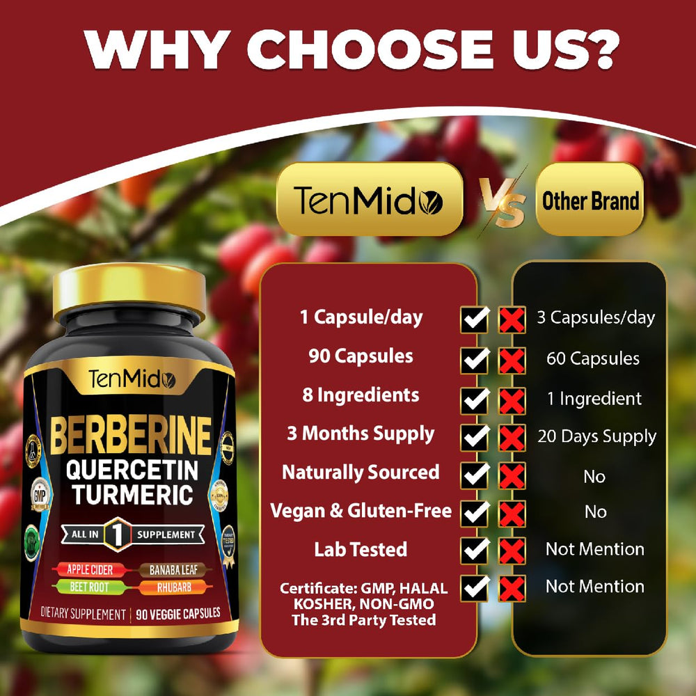 Tenmido Berberine apple cider vinegar extract bottle for digestion support.