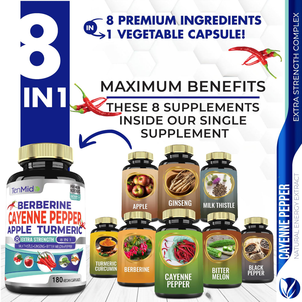 Tenmido berberine-apple-turmeric capsules close-up, highlighting blend for digestive health.