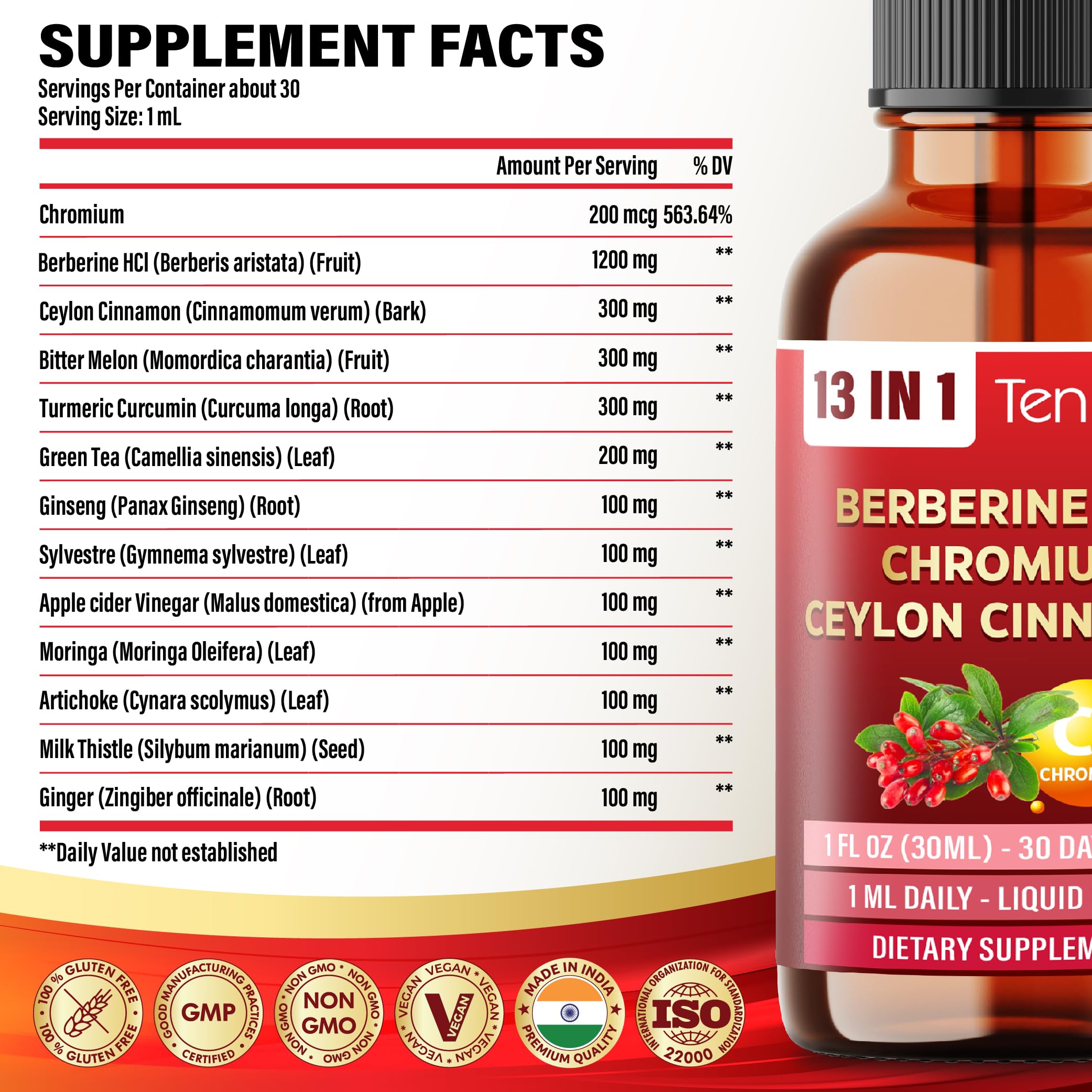 Tenmido Berberine drops dropper view highlighting convenient dosage.