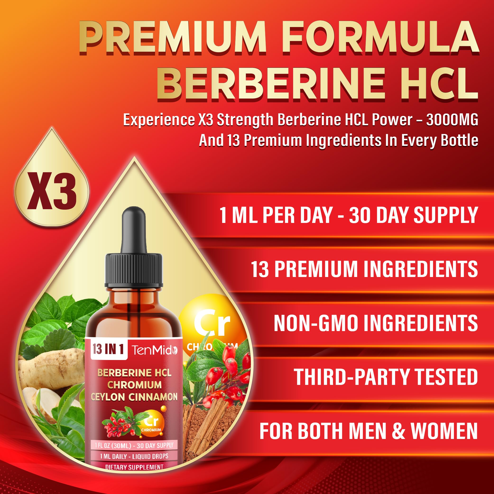 Tenmido Berberine drops ingredients list closeup showing natural botanicals.