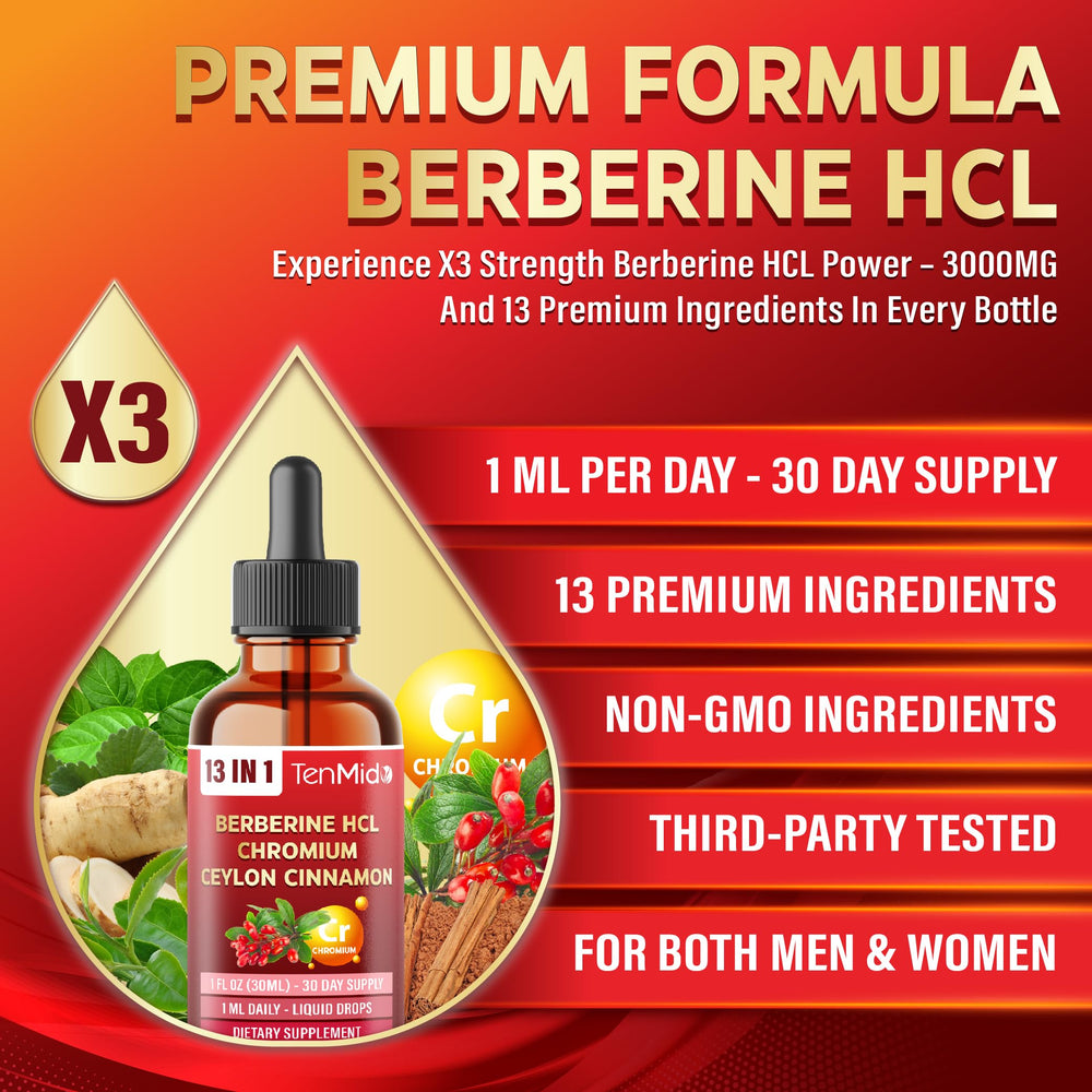 Tenmido Berberine drops ingredients list closeup showing natural botanicals.
