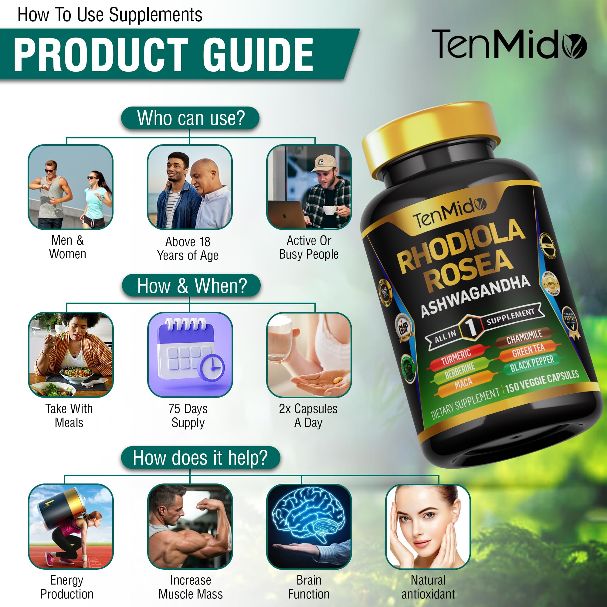 Tenmido berberine and maca blend capsules with essential botanicals.