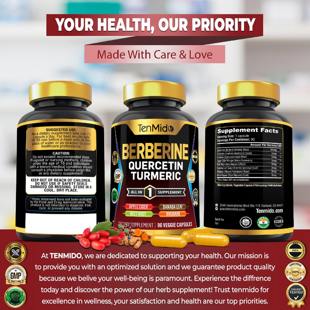 Tenmido Berberine packaging and label showcase vegan capsule format.