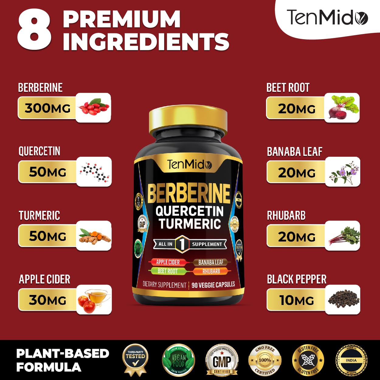 Tenmido Berberine with quercetin and turmeric visualizing enhanced nutrient blend.