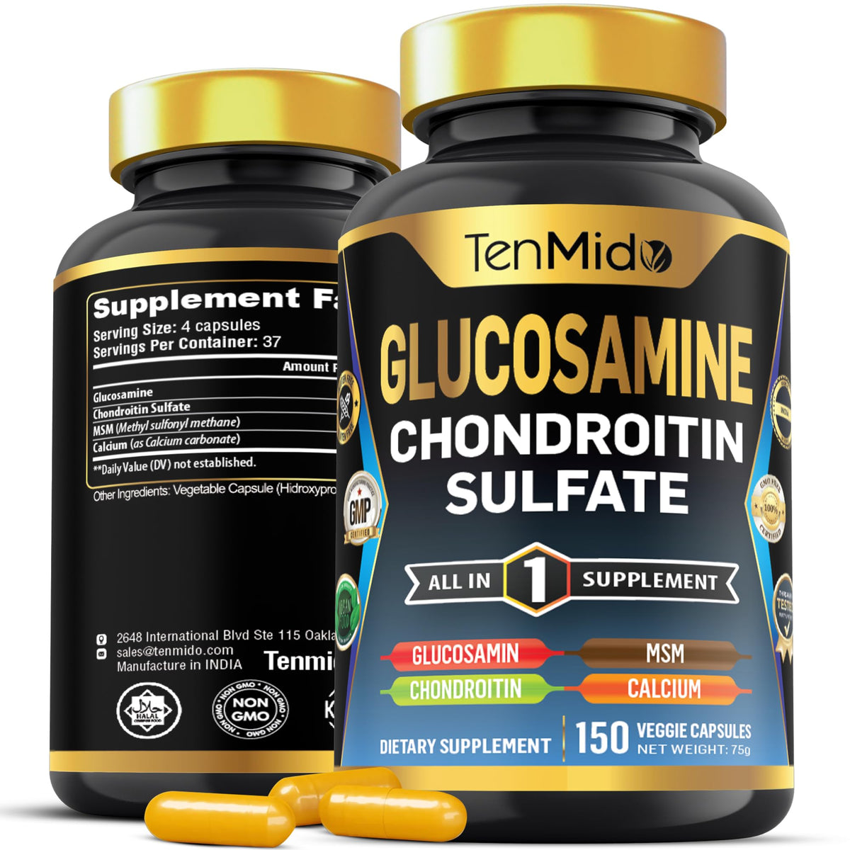 Tenmido bottle shows glucosamine-chondroitin-msm for joint support and daily mobility