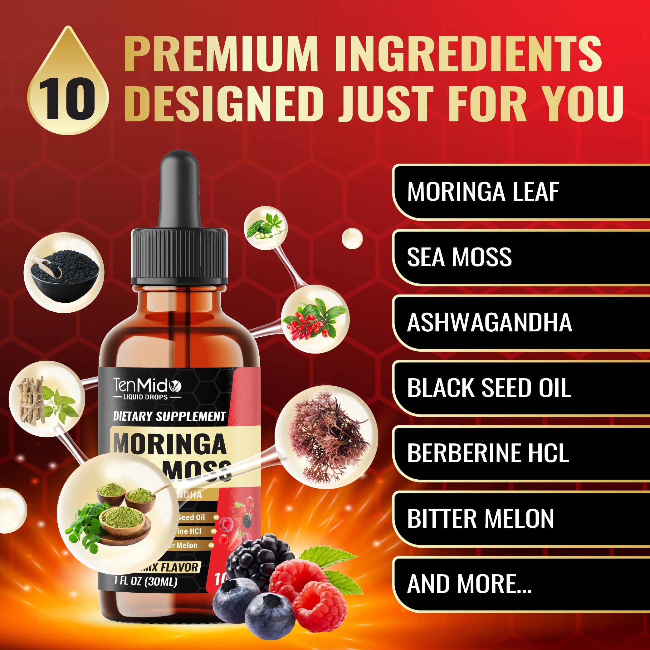 Tenmido bottle label close-up highlighting GMP-quality and alcohol-free formula