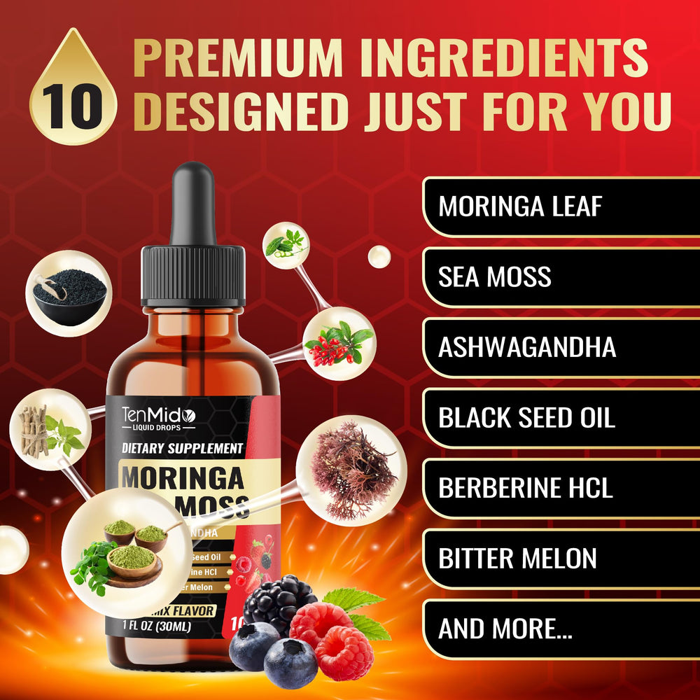 Tenmido bottle label close-up highlighting GMP-quality and alcohol-free formula
