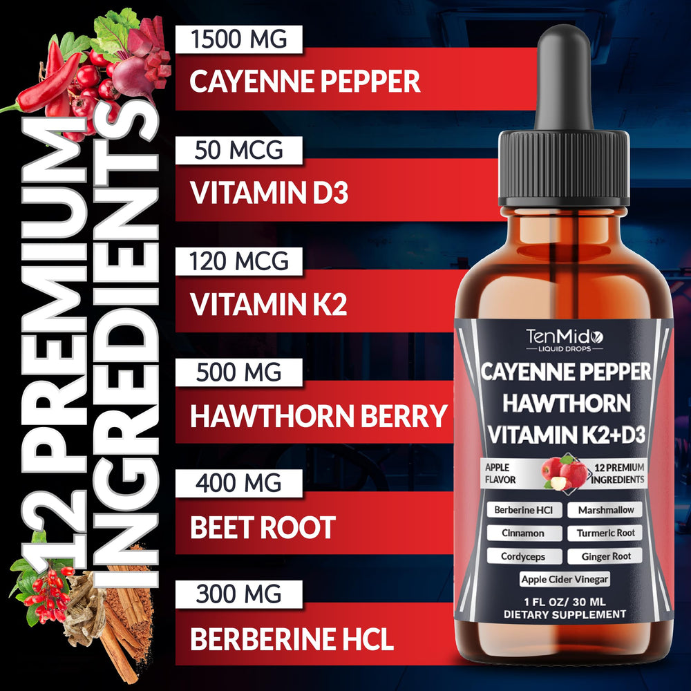 Amber bottle of Tenmido Cayenne Pepper Drops ready for quick, alcohol-free intake.