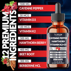 Amber bottle of Tenmido Cayenne Pepper Drops ready for quick, alcohol-free intake.