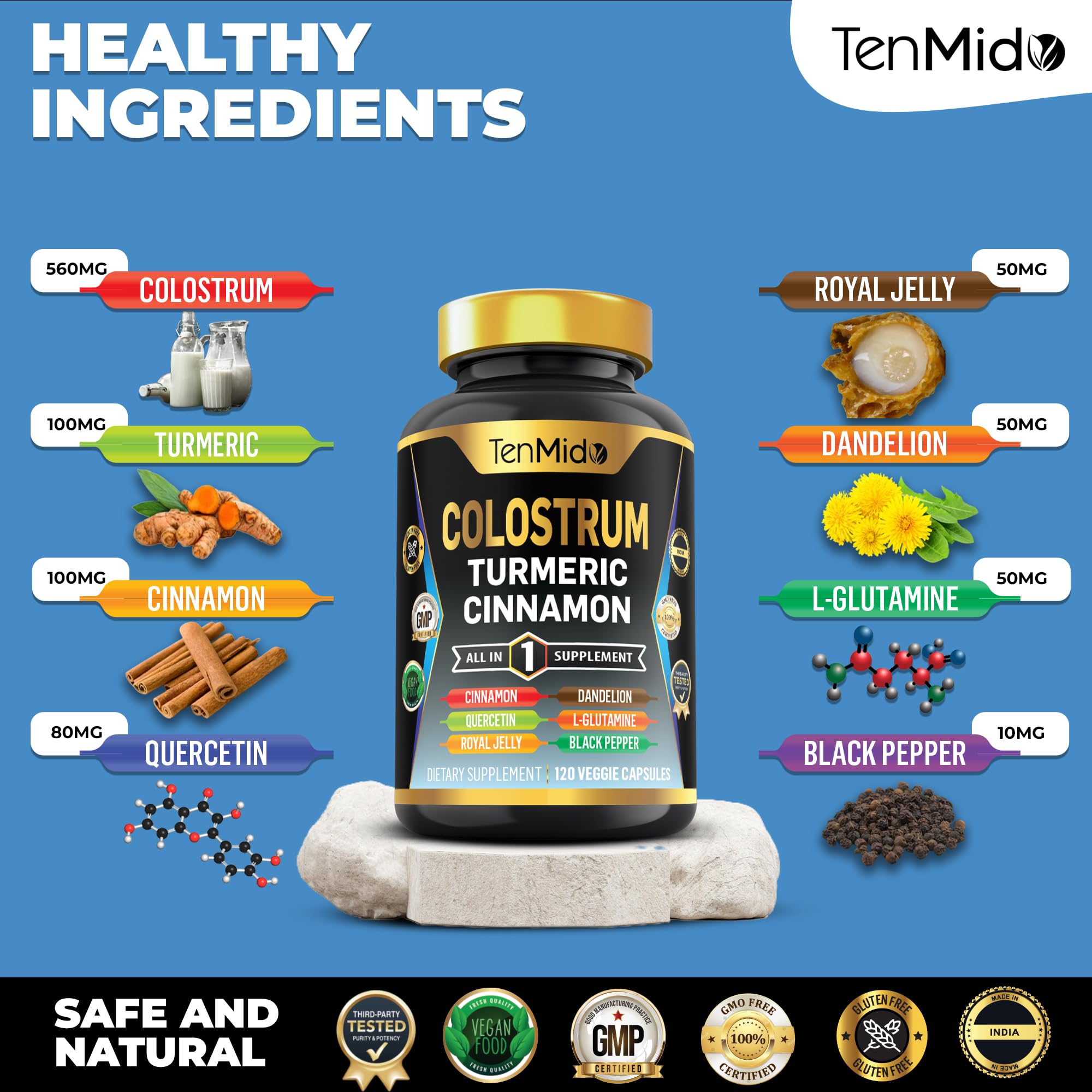 Tenmido Colostrum 8-in-1 label highlighting comprehensive wellness benefits