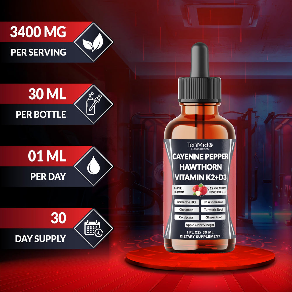 Tenmido Cayenne Pepper Drops glass with droplets illustrating easy daily use.