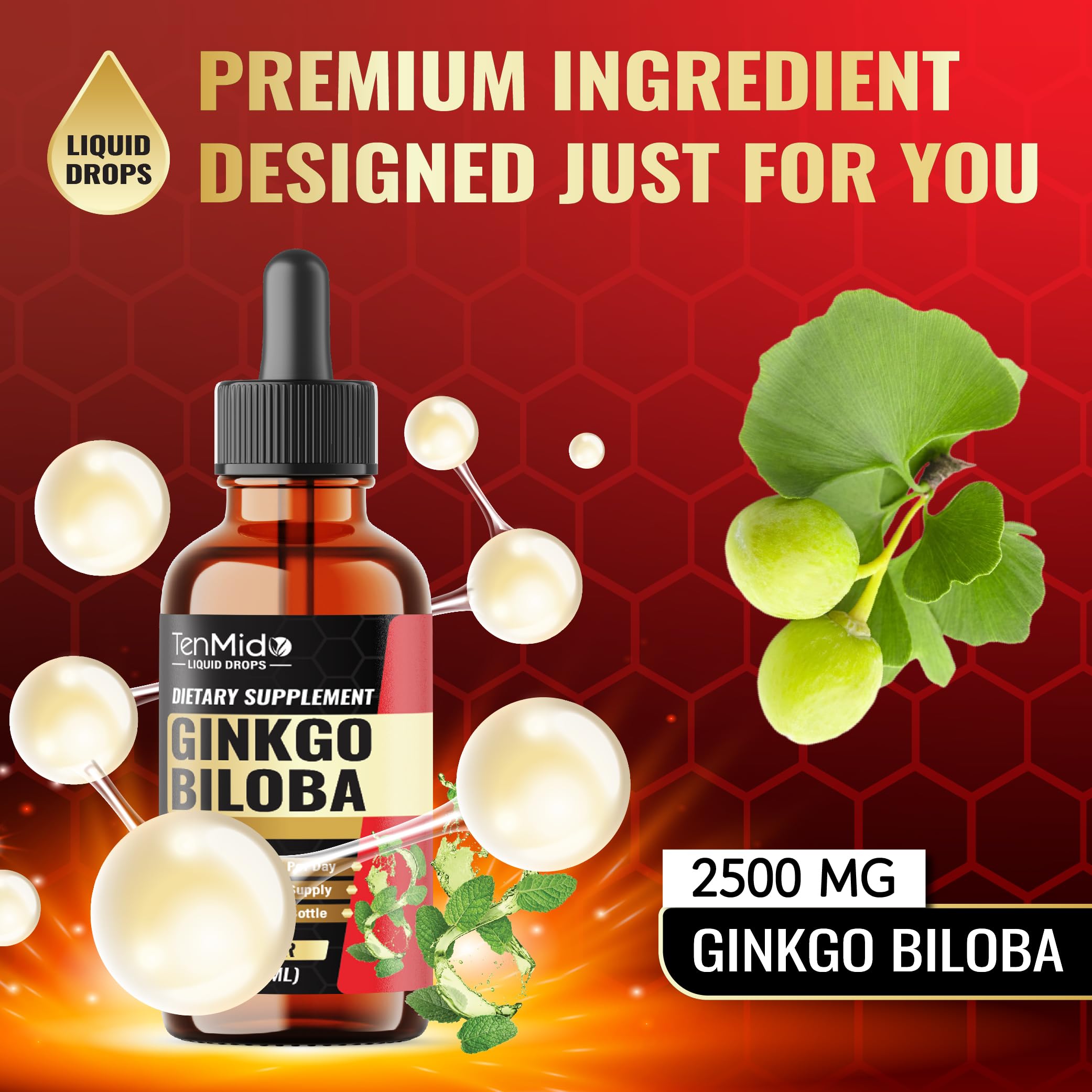 Tenmido Ginkgo Biloba label detail highlights 2500mg strength extract.