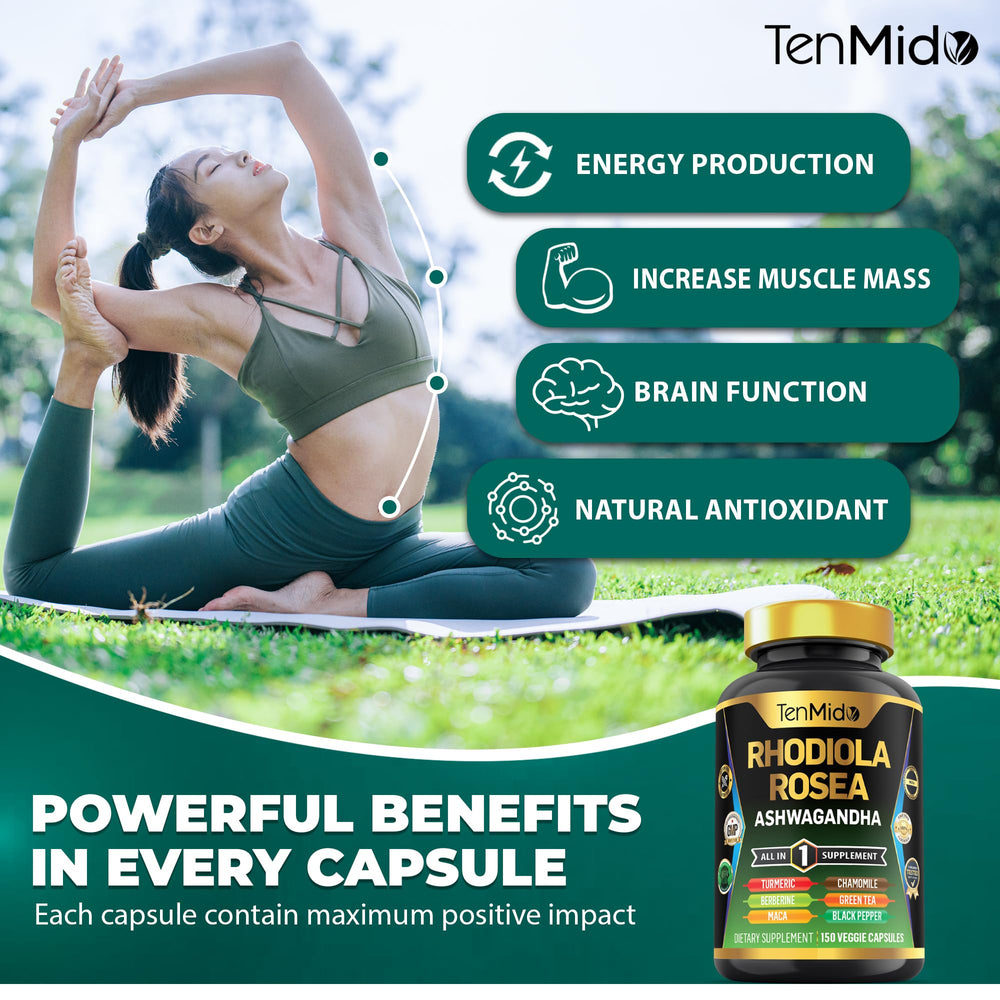 Tenmido green tea and chamomile extract bottle promotes calm focus.