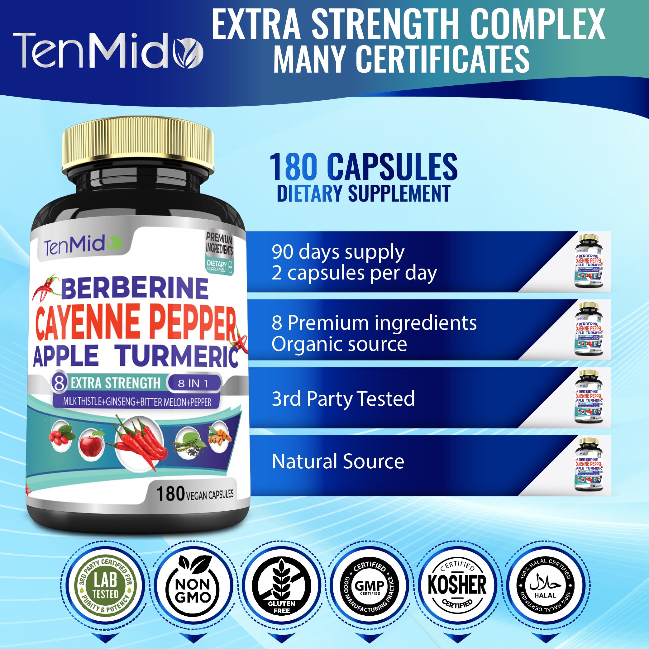 Tenmido GMP ISO seal on packaging indicating quality standards.