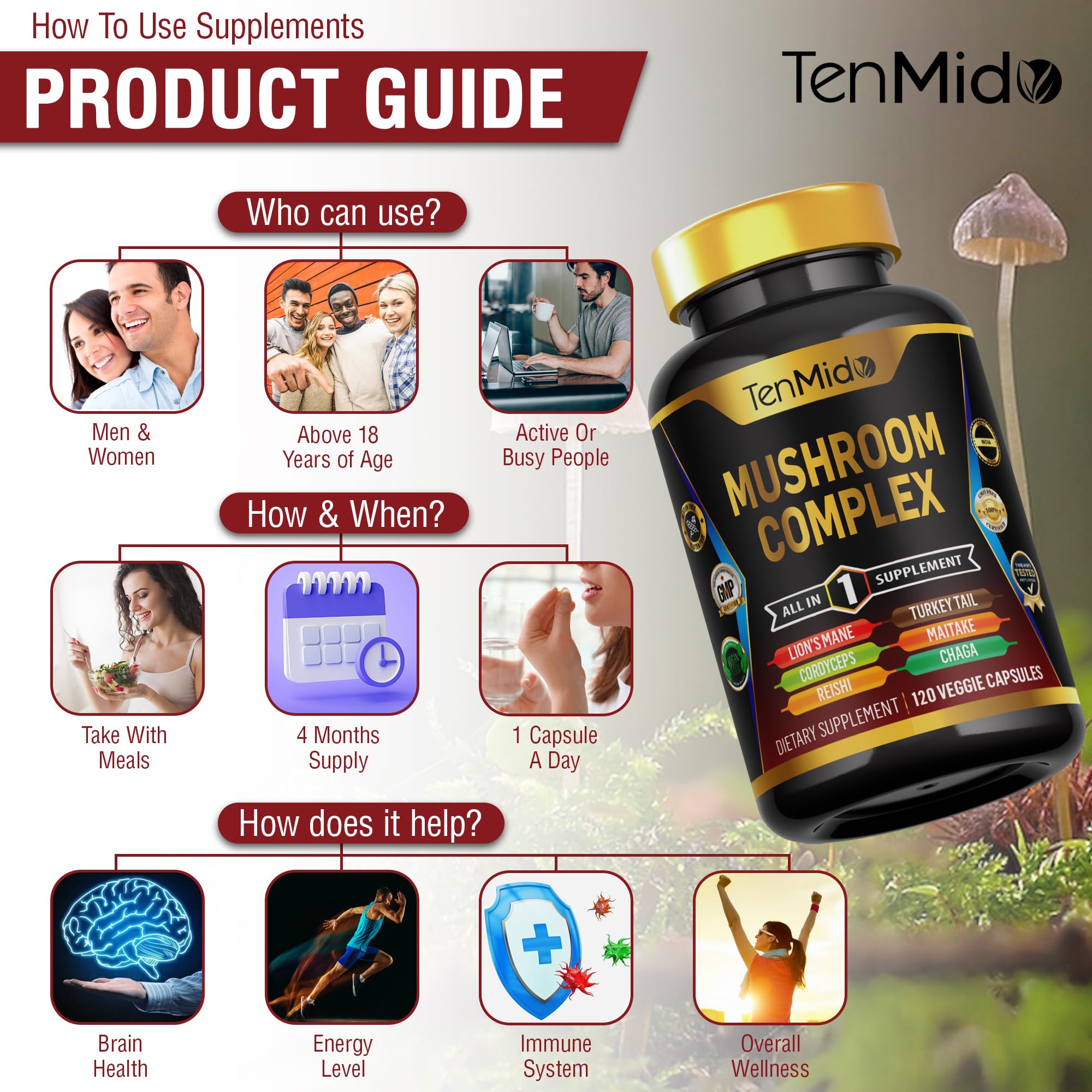 Tenmido Mushroom Complex bottle on kitchen counter for routine.