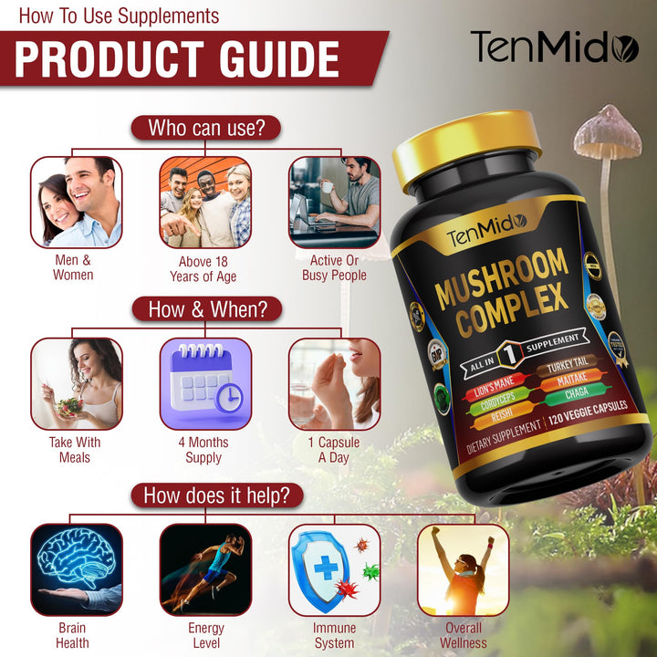 Tenmido Mushroom Complex bottle on kitchen counter for routine.