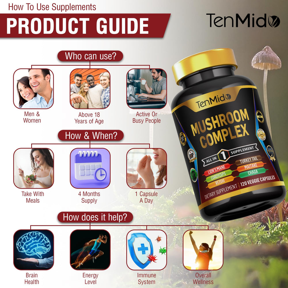 Tenmido Mushroom Complex bottle on kitchen counter for routine.